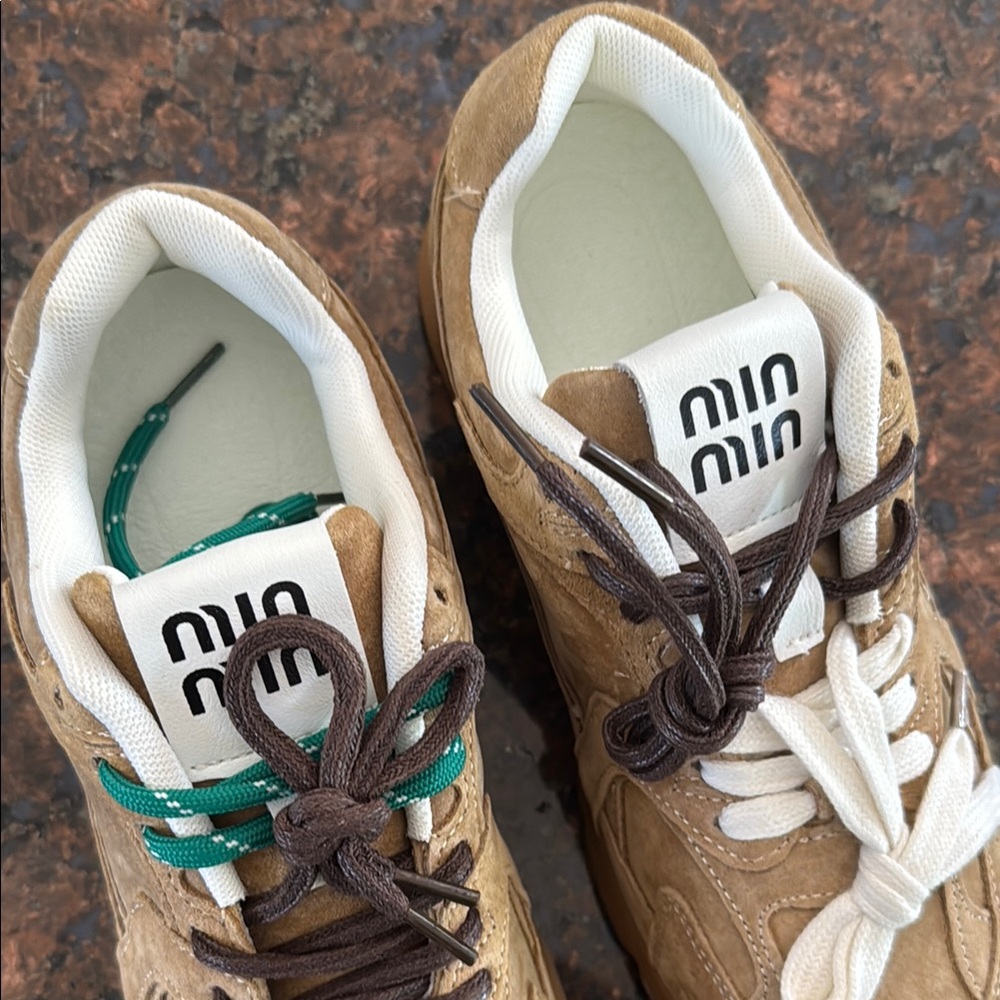 Tan and White Low-Top Sneakers with Suede Finish - Picture 5 of 5